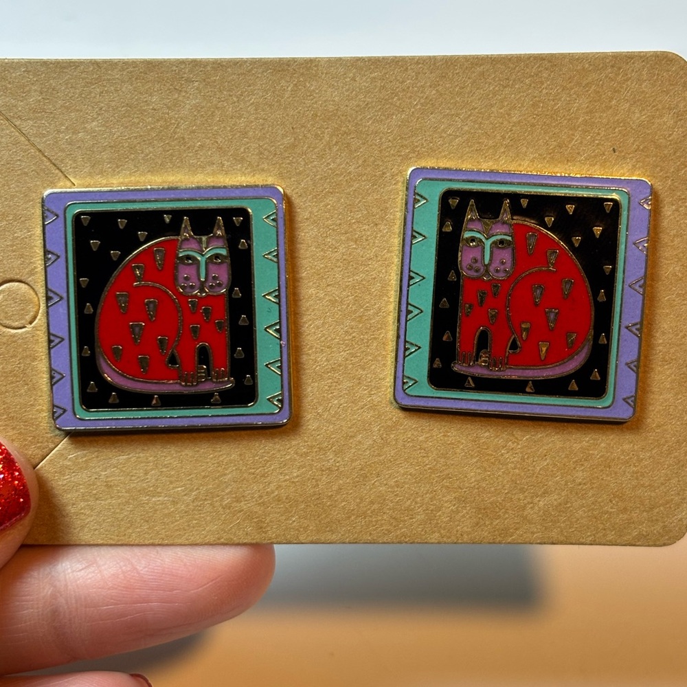 Vintage Laurel Burch Fantastic Feline Earrings Goldtone Enamel Stud Cat Earrings